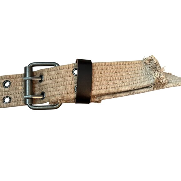 Vintage 90's Grunge Distressed Double Grommet Canvas Belt Beige - Picture 5 of 7